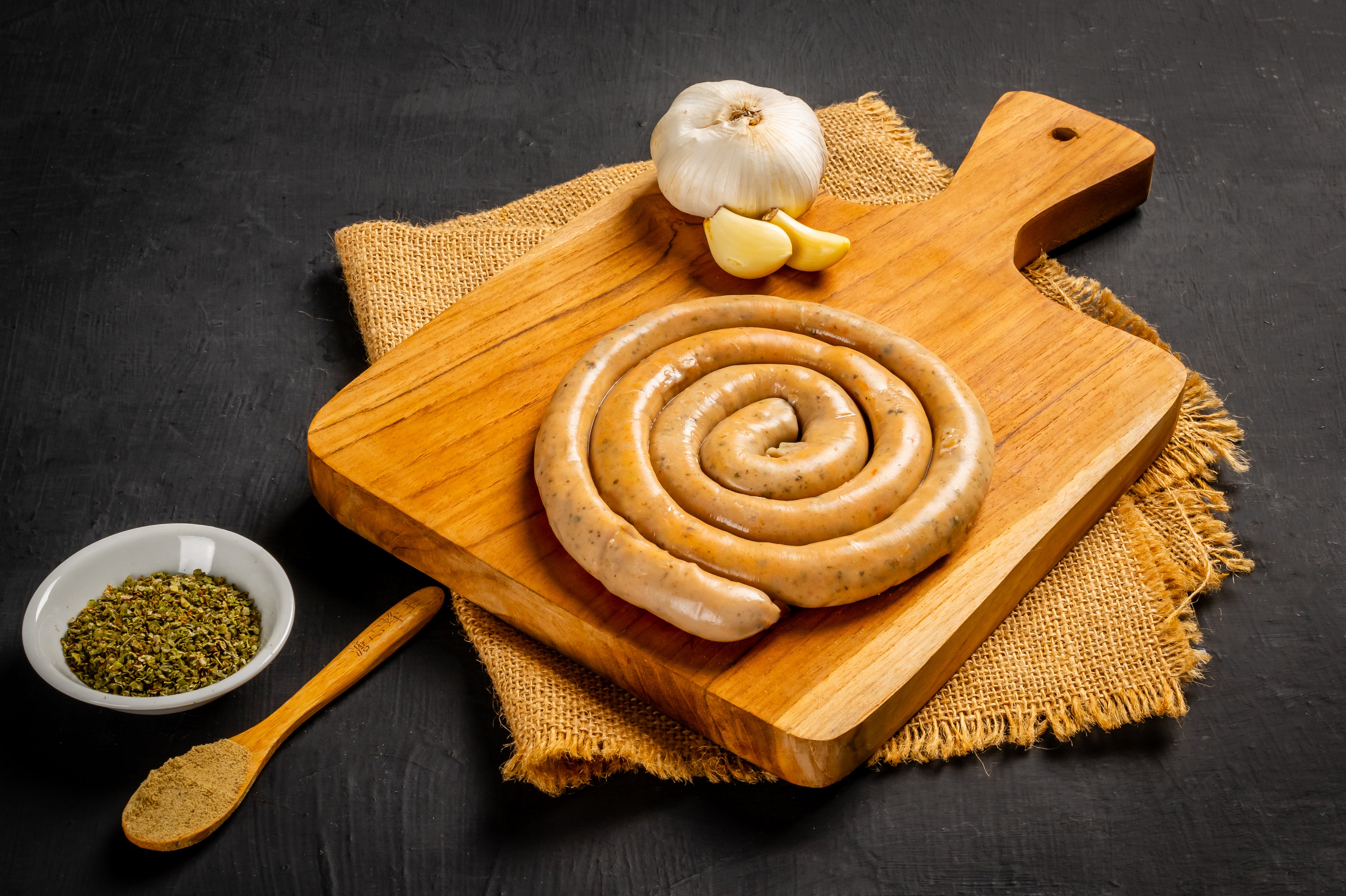 Raw Chicken Nuernberger Twister Sausage in Sheep Casing